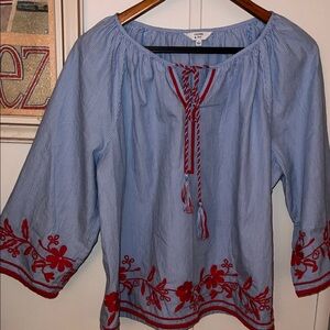 crown & ivy Blue Striped Blouse with Red Embroidery